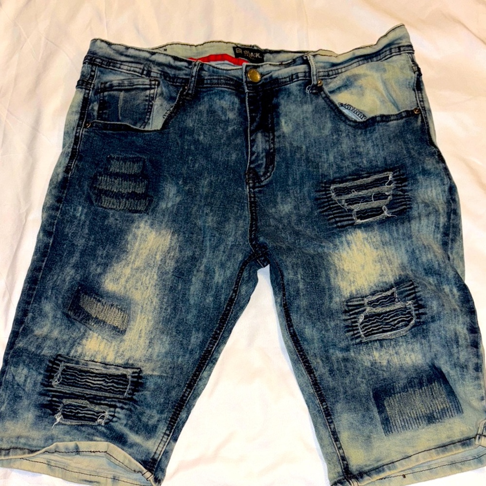 Men's Blue Distressed Denim Shorts Buckle Black
